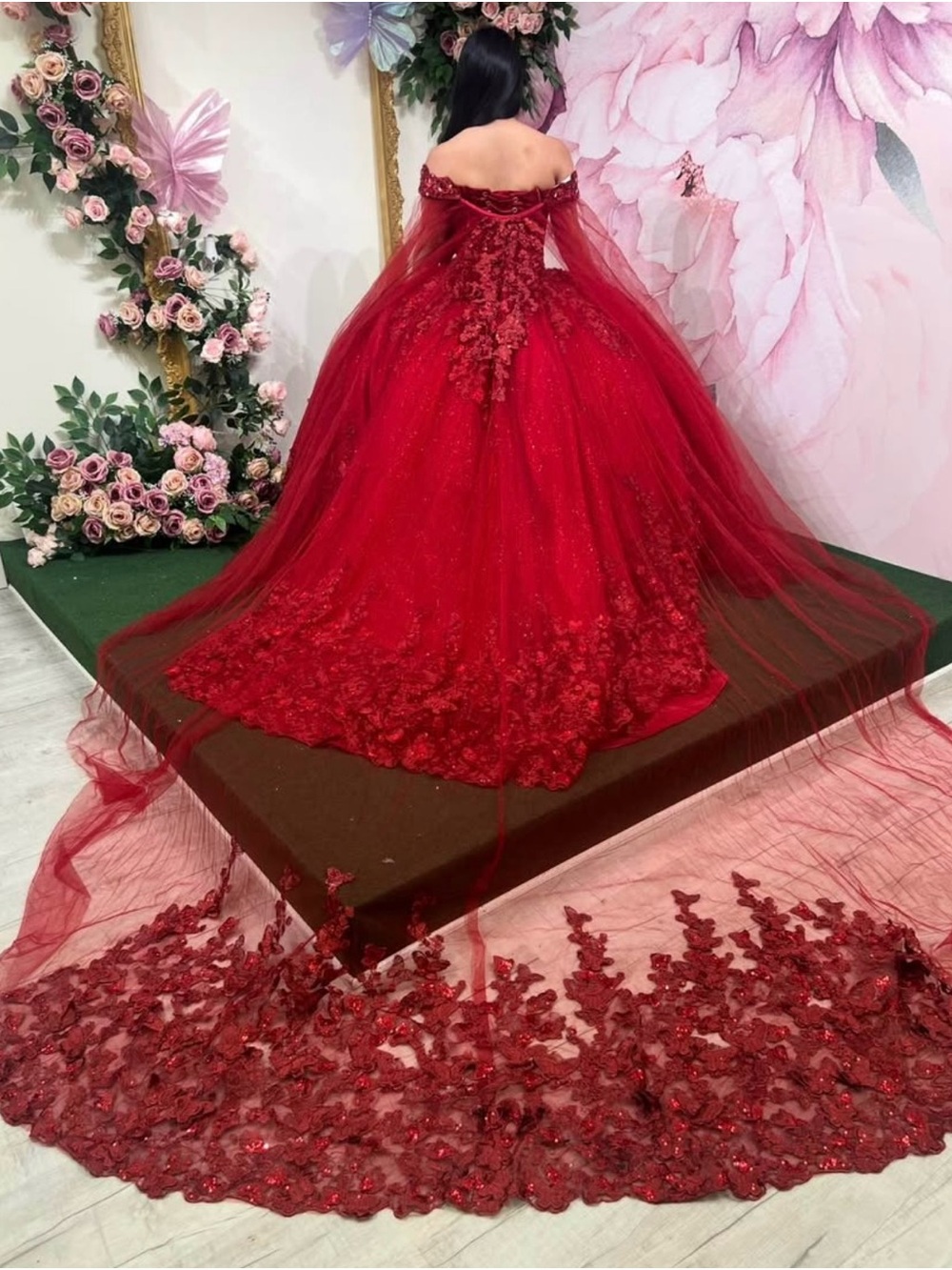 Red Off-Shoulder Corset style Quinceañera Gown with Long Tulle Train